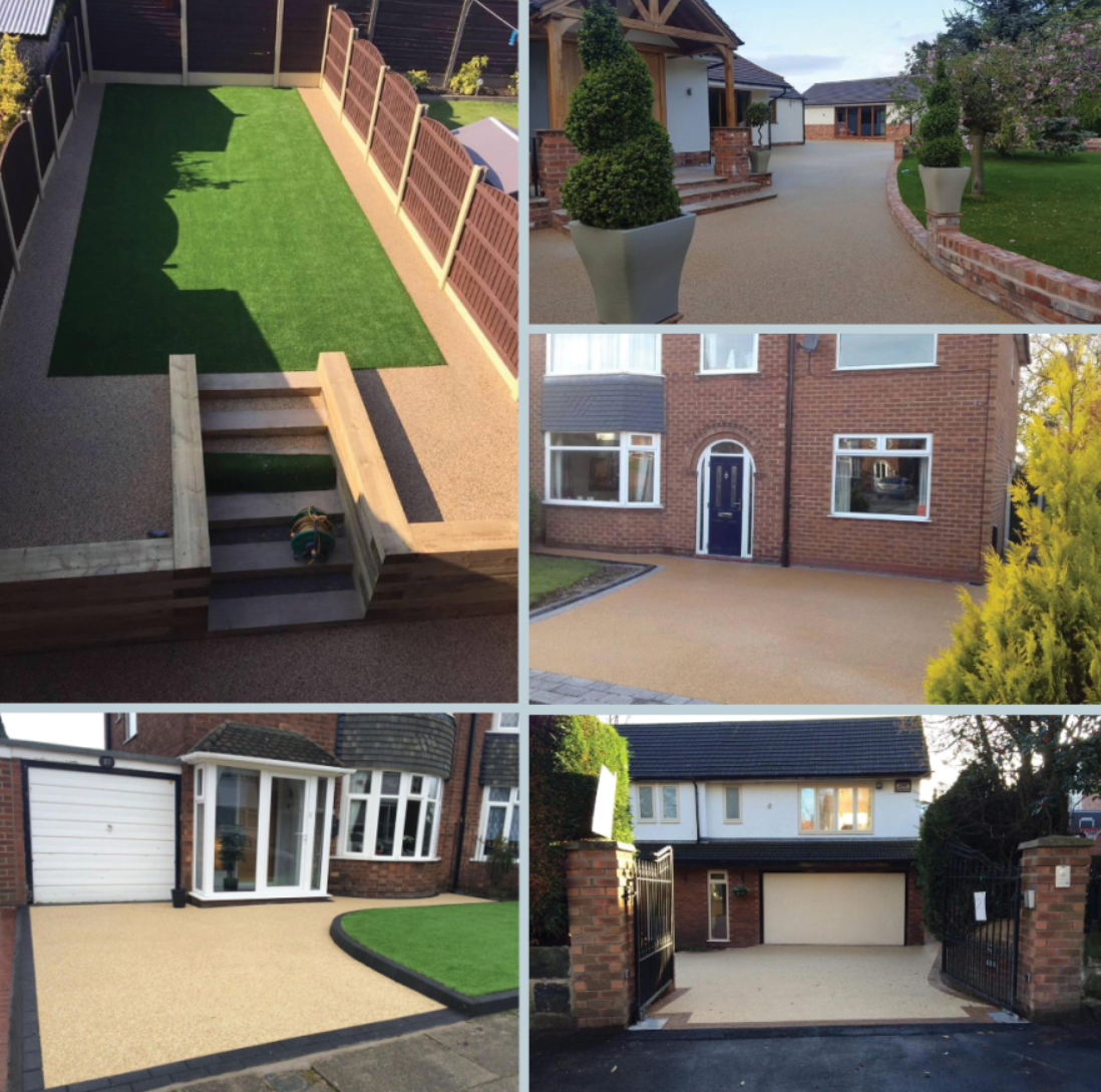 A collation of pictures showing resin bound drives
