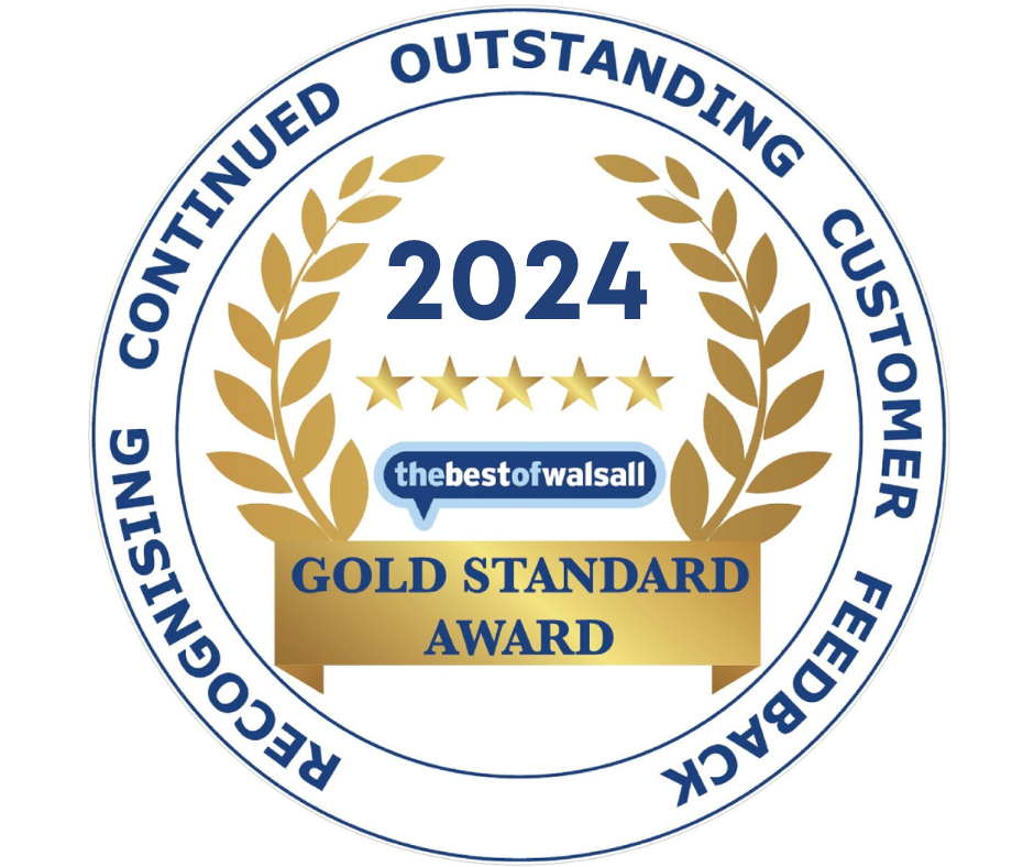 Picture of a circular badge with writing " recognising continued outstanding customer feedback" displated around the edge  large 2024 in the centre with BestOf Walsall logo