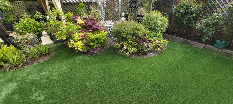 a shaped artificial lawn with palm trees and other shrubs in the border.